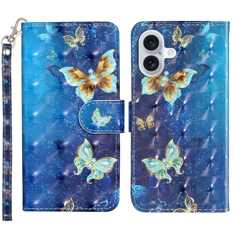 Housse iPhone 16 Papillons Bleus et Dorés à Lanière