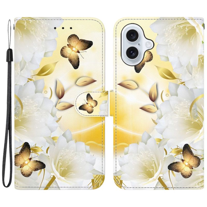 Housse iPhone 16 Papillons Dorés et Fleurs Blanches à Lanière