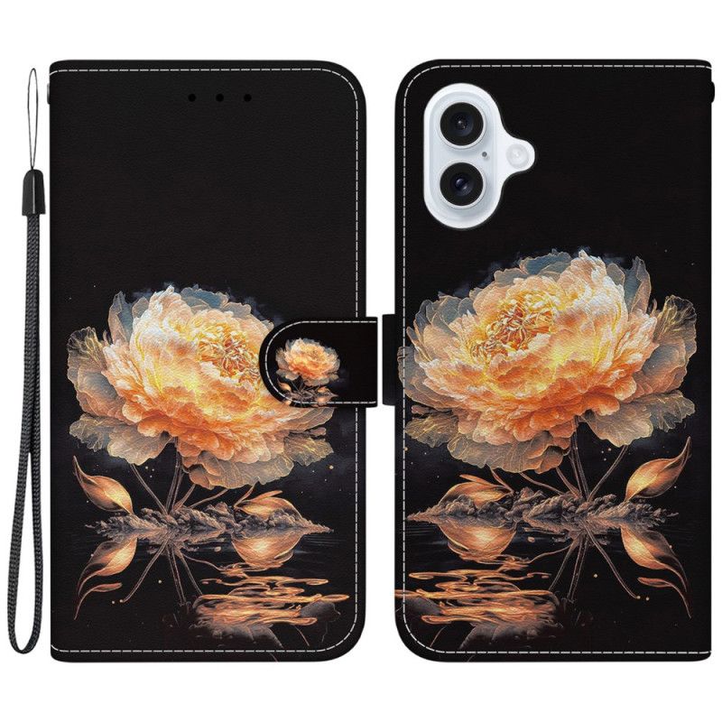 Housse iPhone 16 Pivoine Dorée à Lanière