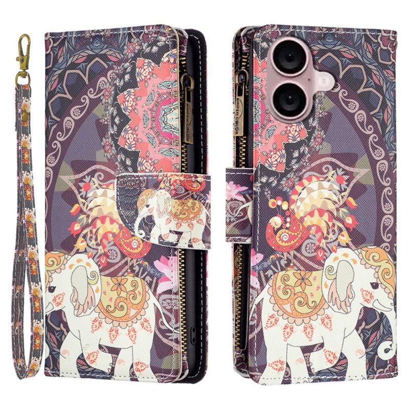 Housse iPhone 16 Portefeuille Éléphant Tribal