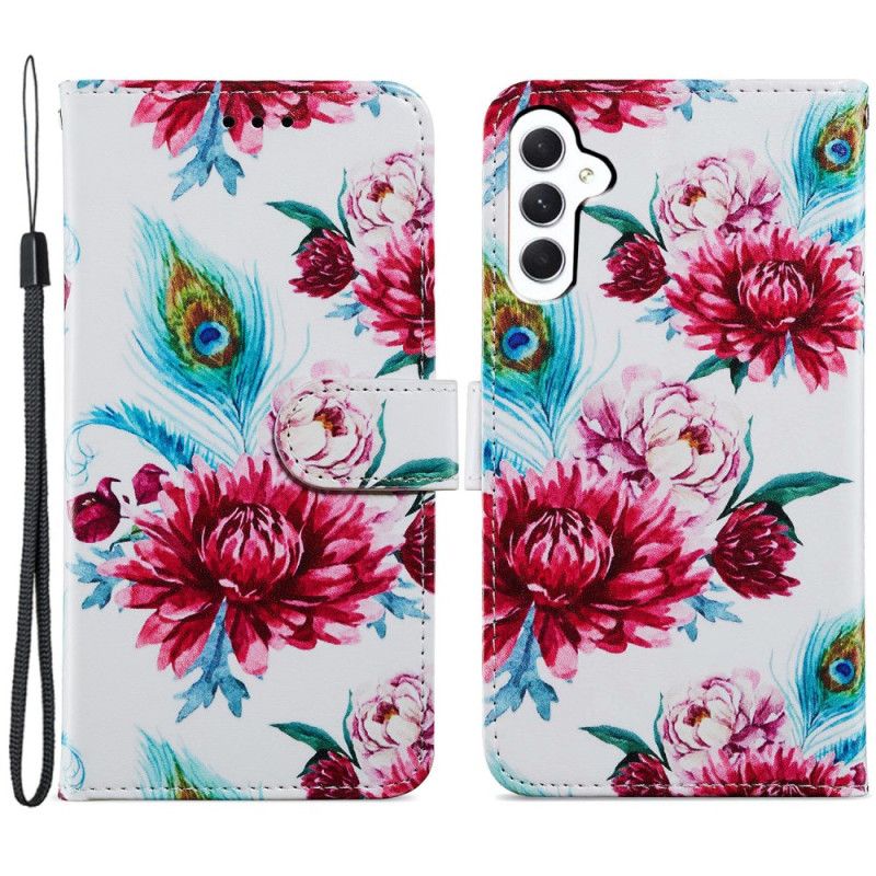 Housse Samsung Galaxy A55 5G Fleurs Rouges à Lanière