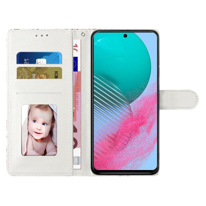 Housse Samsung Galaxy A55 5G Papillon Dorés sur Fond Bleu à Lanière