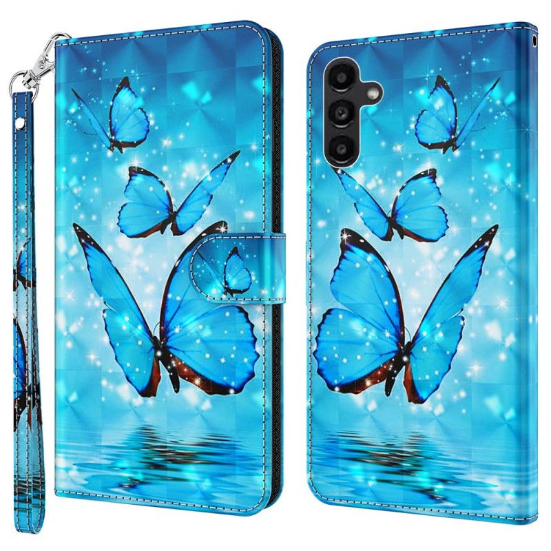 Housse Samsung Galaxy A55 5G Papillons Bleus à Lanière