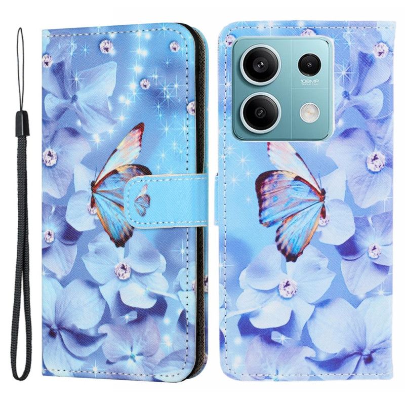 Housse Xiaomi Redmi Note 13 5G Fleurs et Papillon Bleus à Lanière