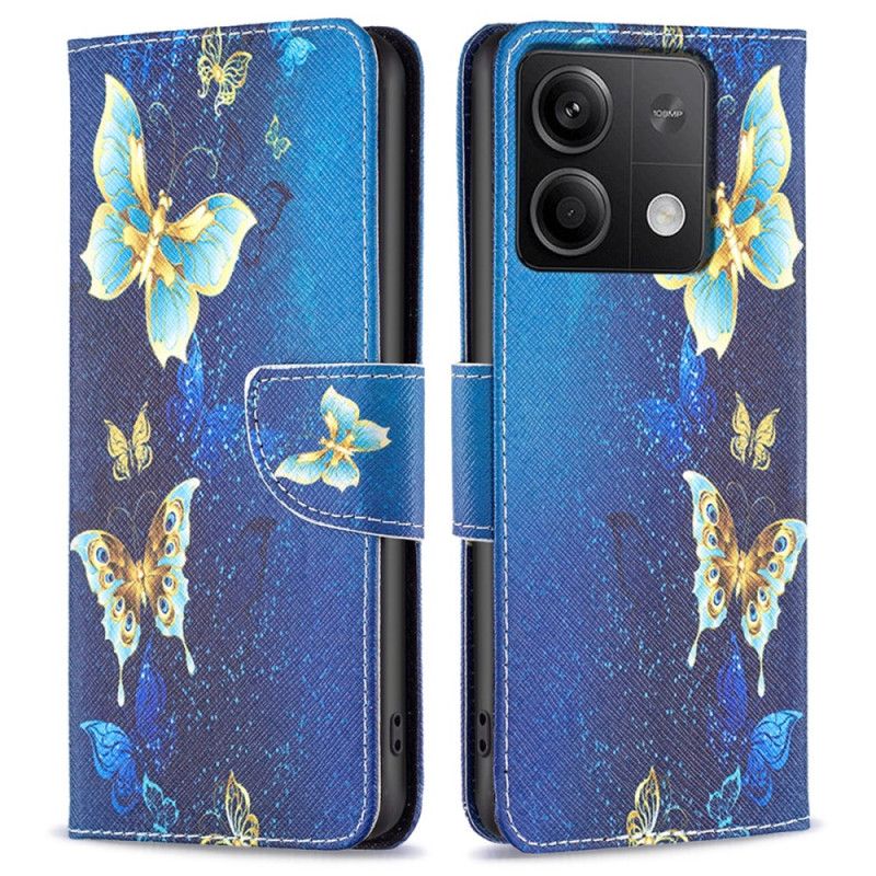 Housse Xiaomi Redmi Note 13 5G Papillons Dorés sur Fond Bleu