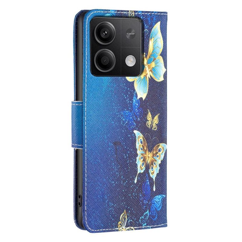 Housse Xiaomi Redmi Note 13 5G Papillons Dorés sur Fond Bleu