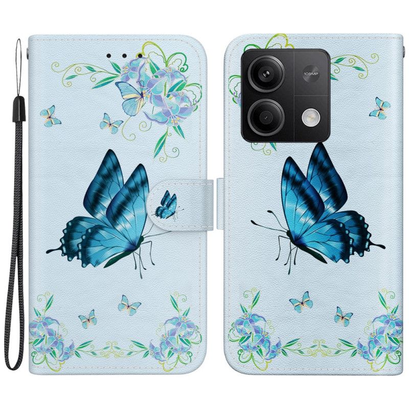 Housse Xiaomi Redmi Note 13 5G Papillons et Fleurs Bleus à Lanière