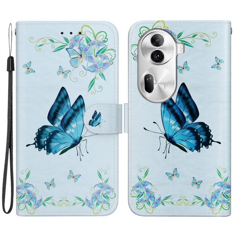 Housse Oppo Reno 11 Pro 5G Papillon Bleu et Fleurs à Lanière