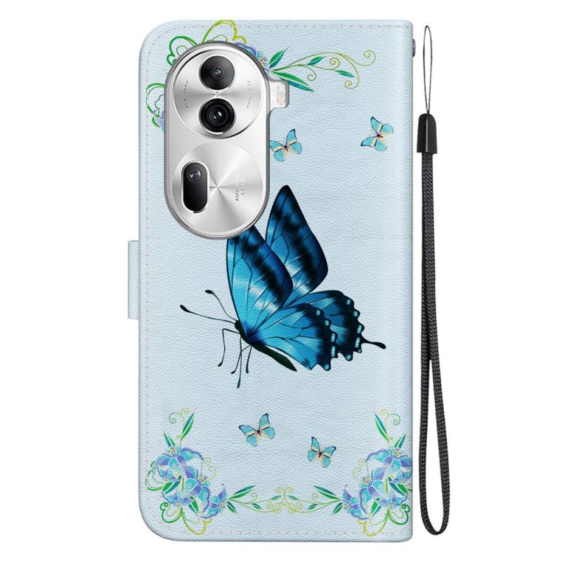 Housse Oppo Reno 11 Pro 5G Papillon Bleu et Fleurs à Lanière