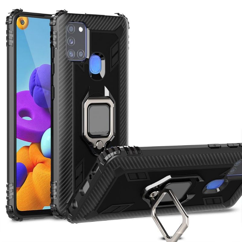 Coque Samsung Galaxy A21s Aspect Carbone avec Bague Support