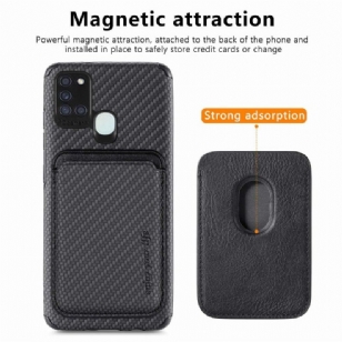 Coque Samsung Galaxy A21s Fibre de Carbone Porte-cartes magnétique