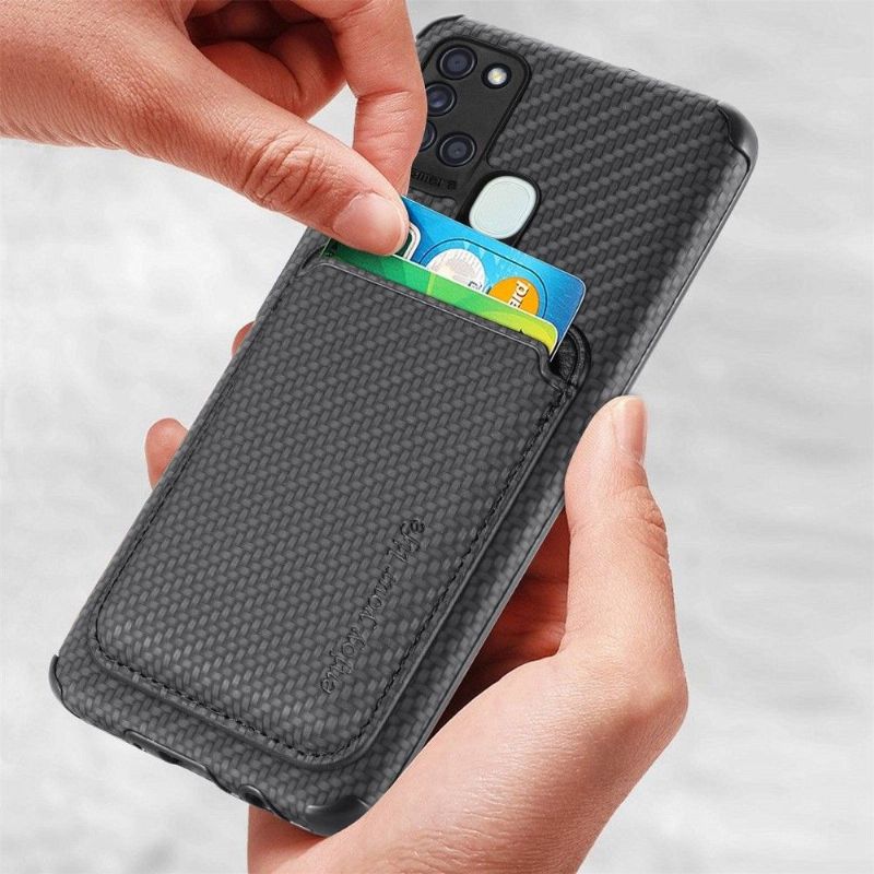 Coque Samsung Galaxy A21s Fibre de Carbone Porte-cartes magnétique