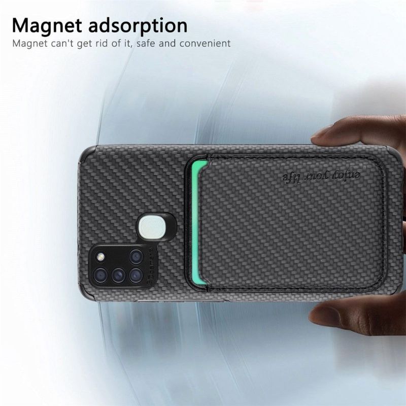 Coque Samsung Galaxy A21s Fibre de Carbone Porte-cartes magnétique