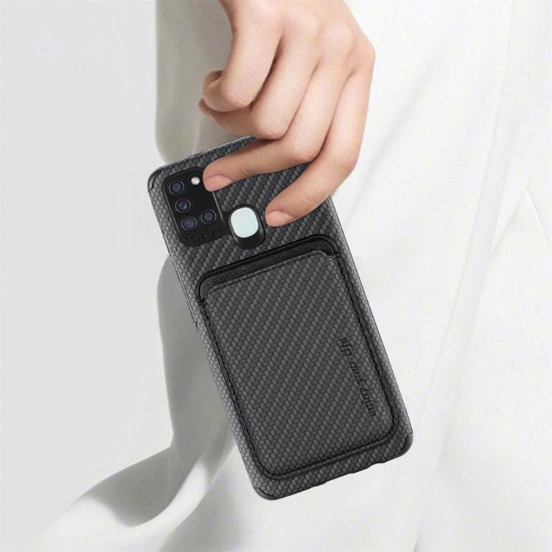 Coque Samsung Galaxy A21s Fibre de Carbone Porte-cartes magnétique