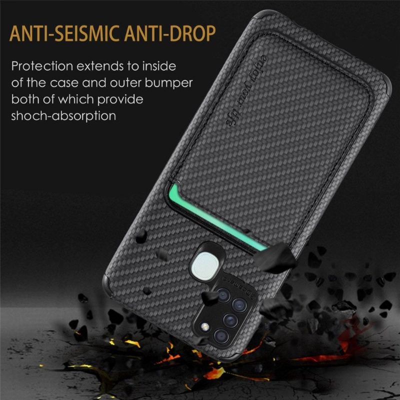 Coque Samsung Galaxy A21s Fibre de Carbone Porte-cartes magnétique