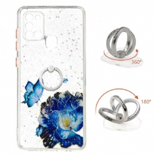 Coque Samsung Galaxy A21s fleurs et papillons bleus avec anneau