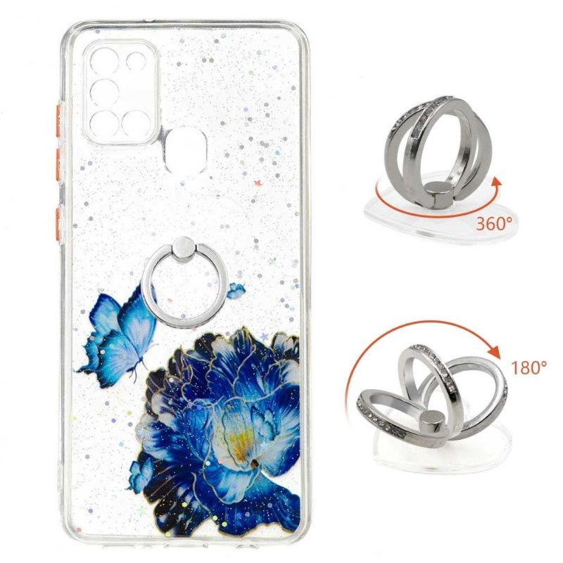 Coque Samsung Galaxy A21s fleurs et papillons bleus avec anneau