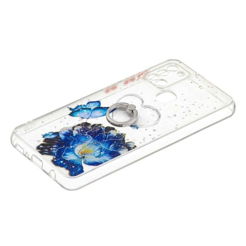 Coque Samsung Galaxy A21s fleurs et papillons bleus avec anneau