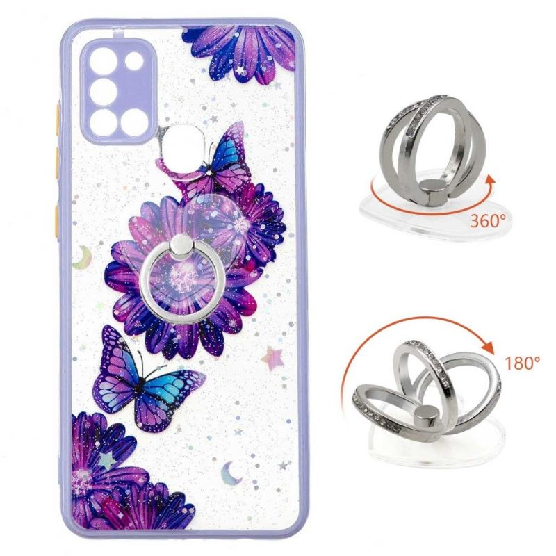 Coque Samsung Galaxy A21s fleurs et papillons violets avec anneau