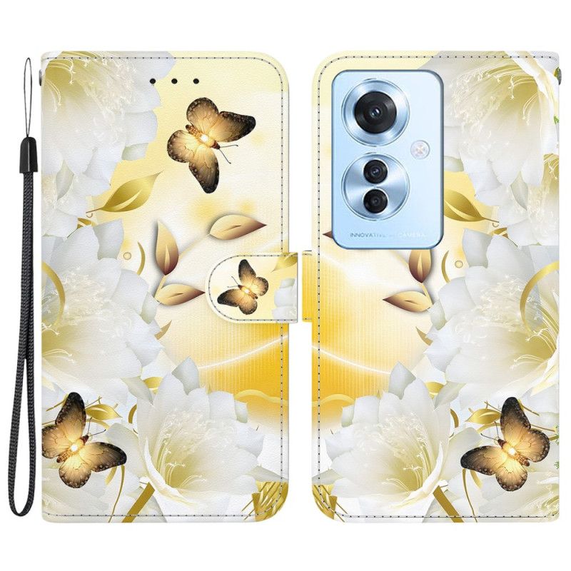 Housse Oppo Reno 11F 5G Papillons Dorés et Fleurs Blanches