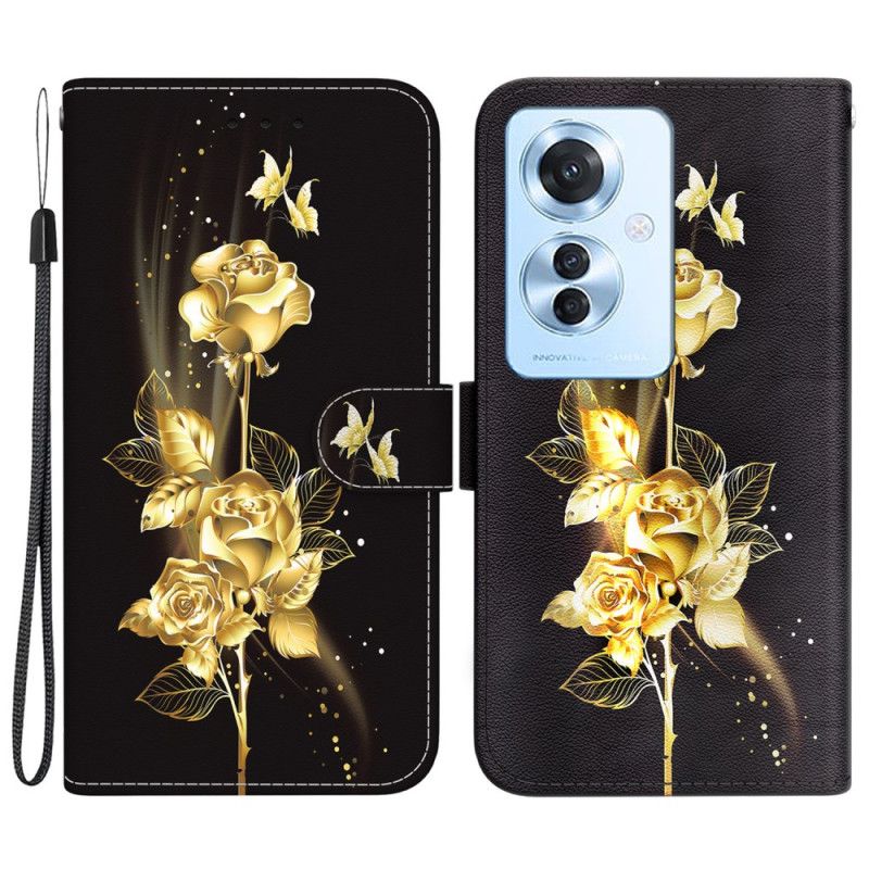 Housse Oppo Reno 11F 5G Papillons et Roses Dorés à Lanière