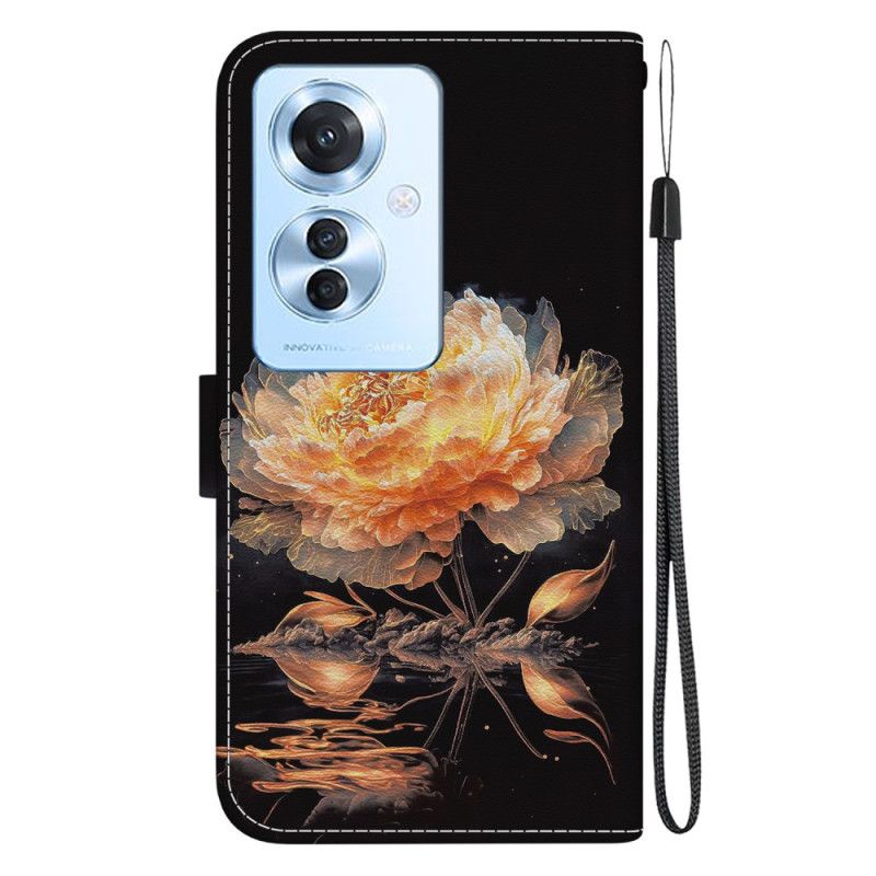 Housse Oppo Reno 11F 5G Pivoine Dorée à Lanière