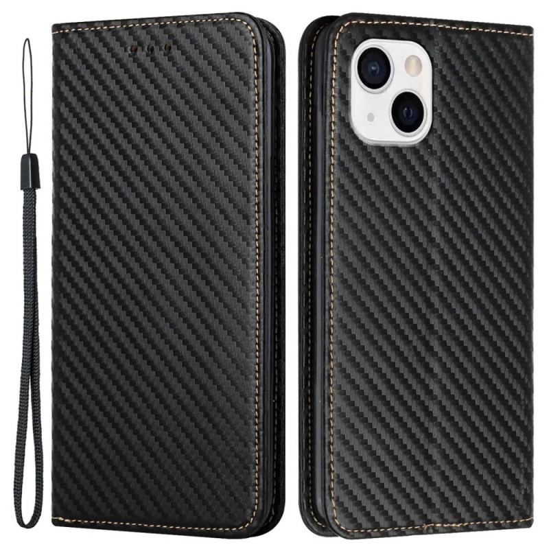 Flip Cover iPhone 14 Plus Fibre Carbone avec Lanière