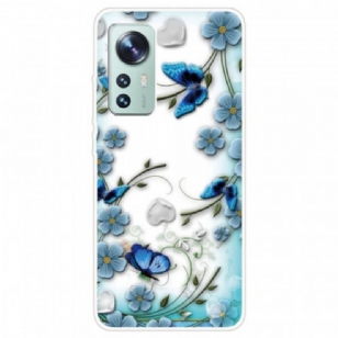 Coque Xiaomi 12 / 12X Fleurs et Papillons Bleus