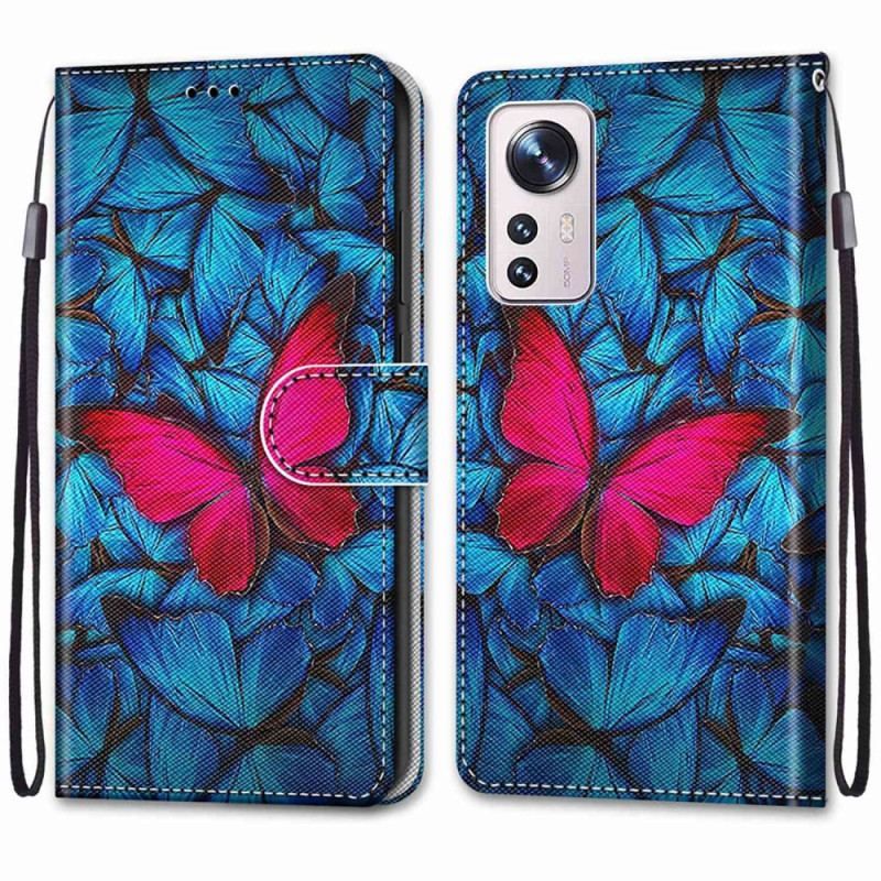 Housse Xiaomi 12 / 12X Papillon Rouge à Lanière