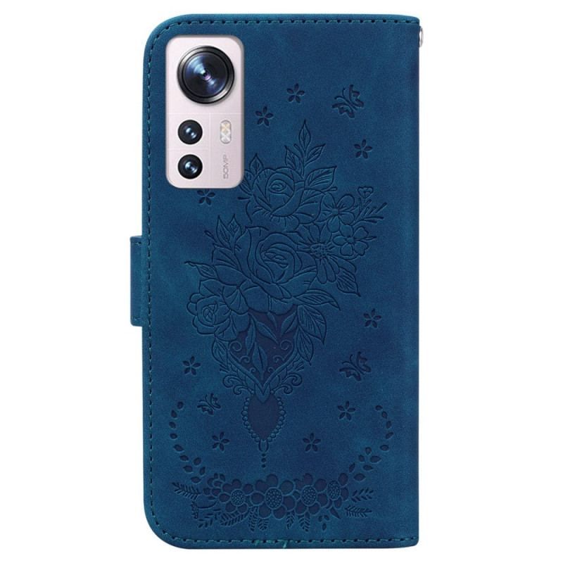 Housse Xiaomi 12 / 12X Roses et Papillons à Lanière