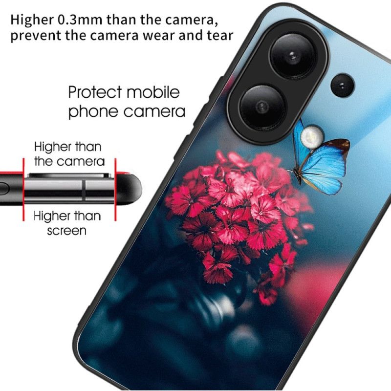 Coque Xiaomi Redmi Note 13 4G Verre Trempé Fleurs Rouges et Papillons