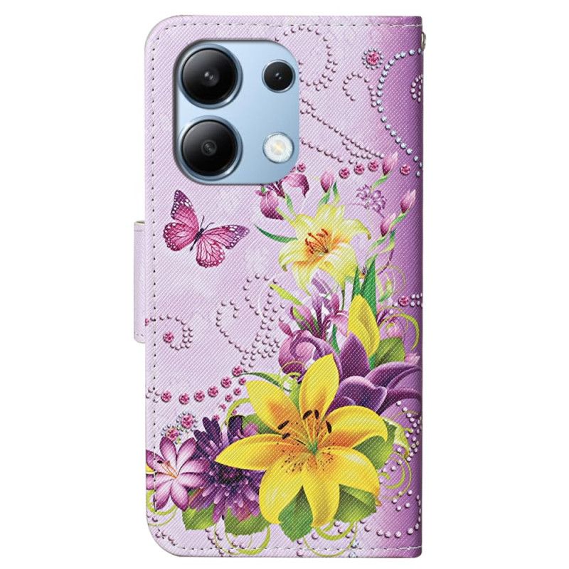 Housse Xiaomi Redmi Note 13 4G Motif Fleurs et Papillons à Lanière