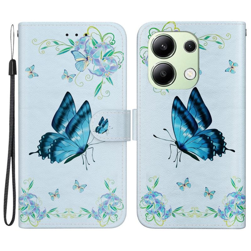 Housse Xiaomi Redmi Note 13 4G Papillon Bleu et Fleurs à Lanière