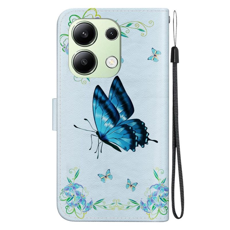 Housse Xiaomi Redmi Note 13 4G Papillon Bleu et Fleurs à Lanière