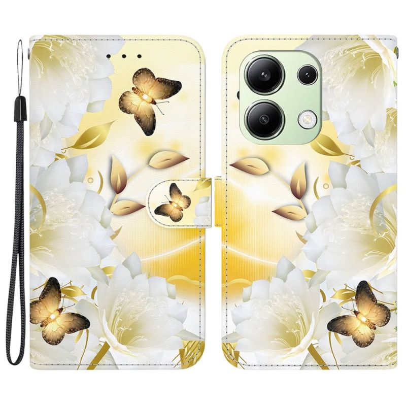 Housse Xiaomi Redmi Note 13 4G Papillons Dorés et Fleurs Blanches à Lanière