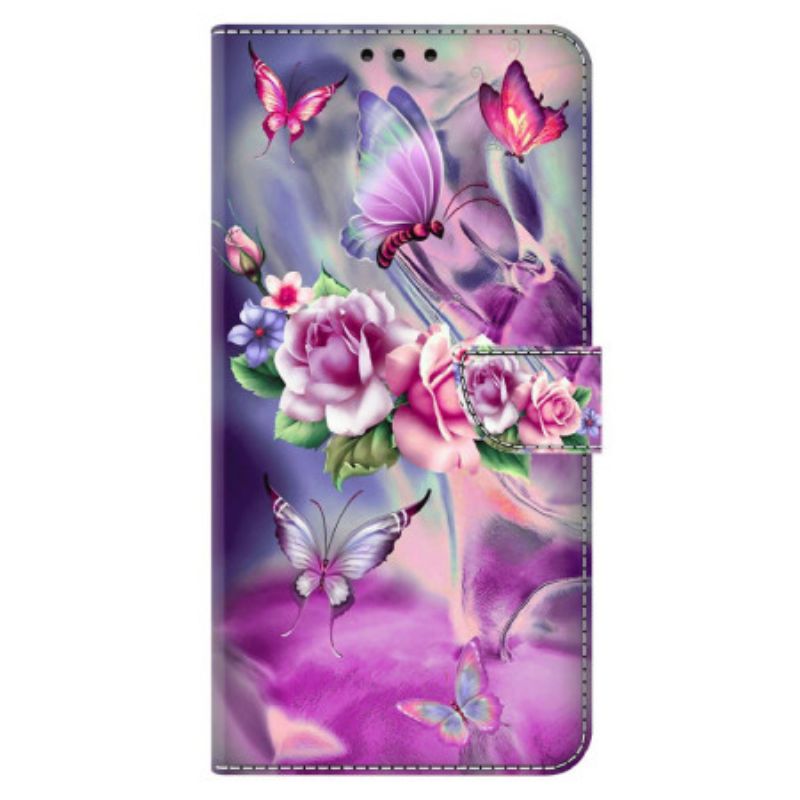 Housse Xiaomi Redmi Note 13 4G Papillons et Fleurs Violettes