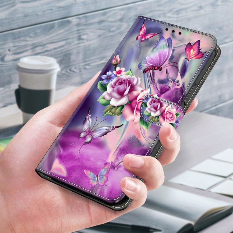 Housse Xiaomi Redmi Note 13 4G Papillons et Fleurs Violettes