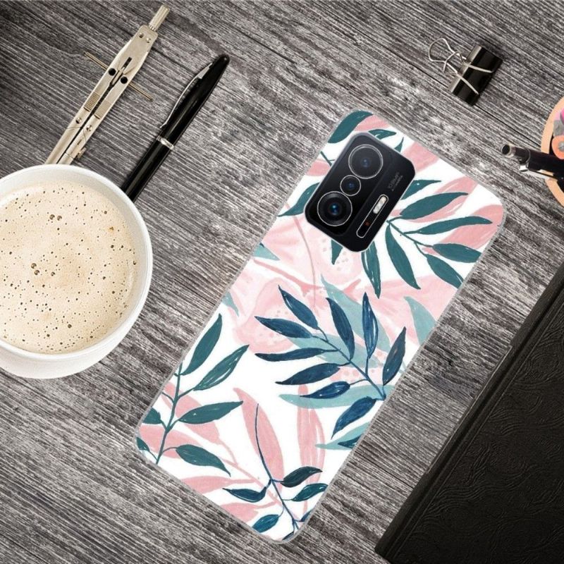 Coque Xiaomi 11T / 11T Pro Feuilles Vertes et Roses