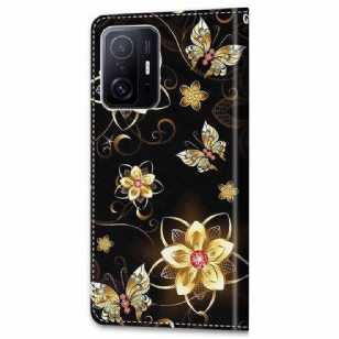 Xiaomi 11T / 11T Pro - Housse papillons et fleurs dorées