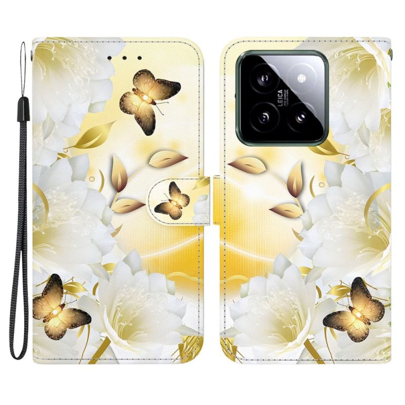 Housse Xiaomi 14 Papillons Dorés et Fleurs Blanches à Lanière