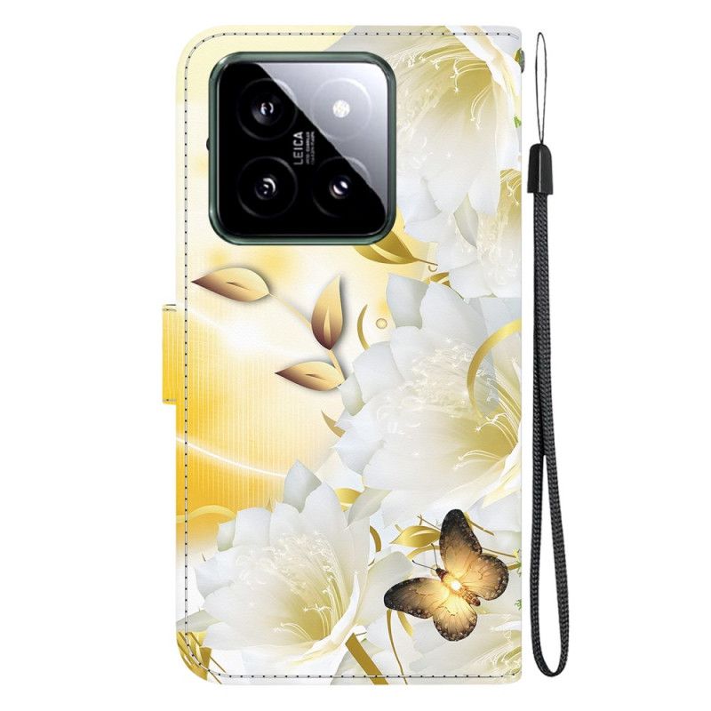 Housse Xiaomi 14 Papillons Dorés et Fleurs Blanches à Lanière