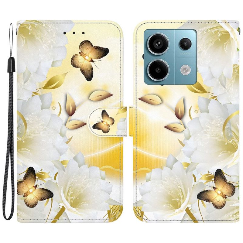 Housse Xiaomi Redmi Note 13 Pro 5G / Poco X6 5G Papillons Dorés et Fleurs Blanches à Lanière