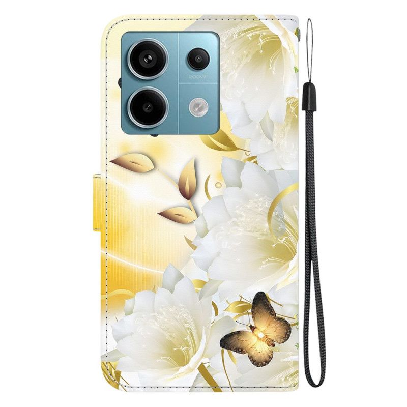 Housse Xiaomi Redmi Note 13 Pro 5G / Poco X6 5G Papillons Dorés et Fleurs Blanches à Lanière