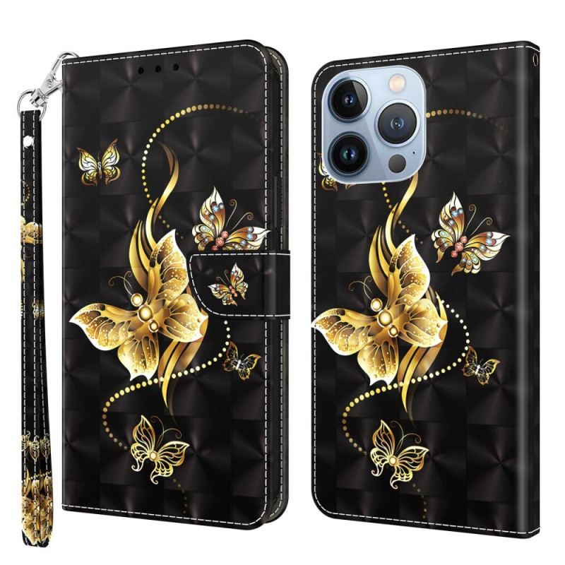 Housse iPhone 14 Pro Papillons Dorés à Lanière