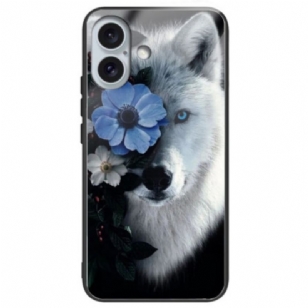 Coque iPhone 16 Plus Verre Trempé Loup et Fleur Bleue