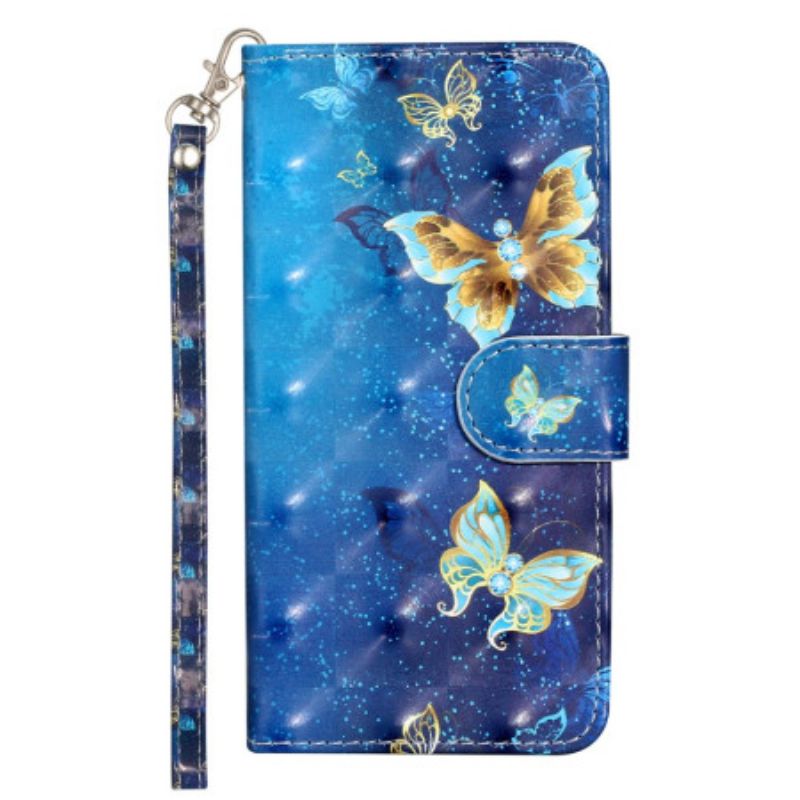 Housse iPhone 16 Plus Papillons Bleus Dorés à Lanière