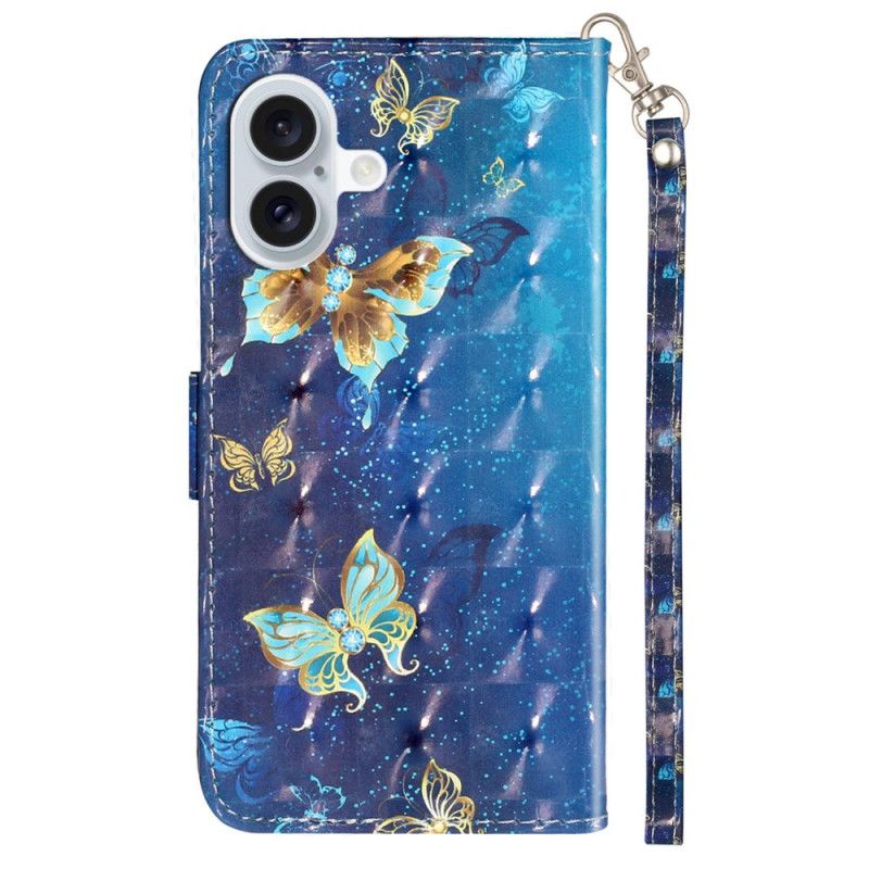 Housse iPhone 16 Plus Papillons Bleus Dorés à Lanière