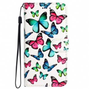 Housse iPhone 16 Plus Papillons Colorés à Lanière