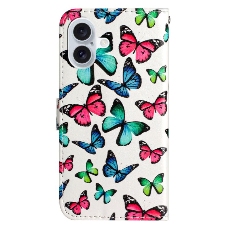 Housse iPhone 16 Plus Papillons Colorés à Lanière