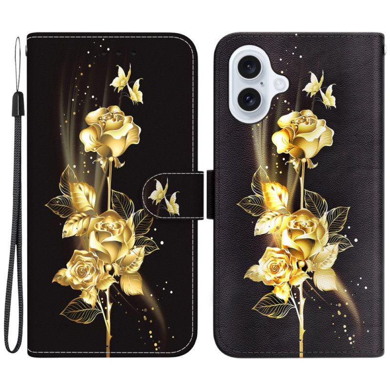 Housse iPhone 16 Plus Papillons Dorés et Roses à Lanière